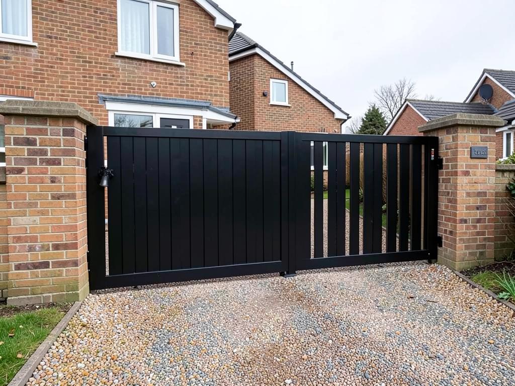 Black automated sliding driveway gate installed between brick pillars at a UK home
