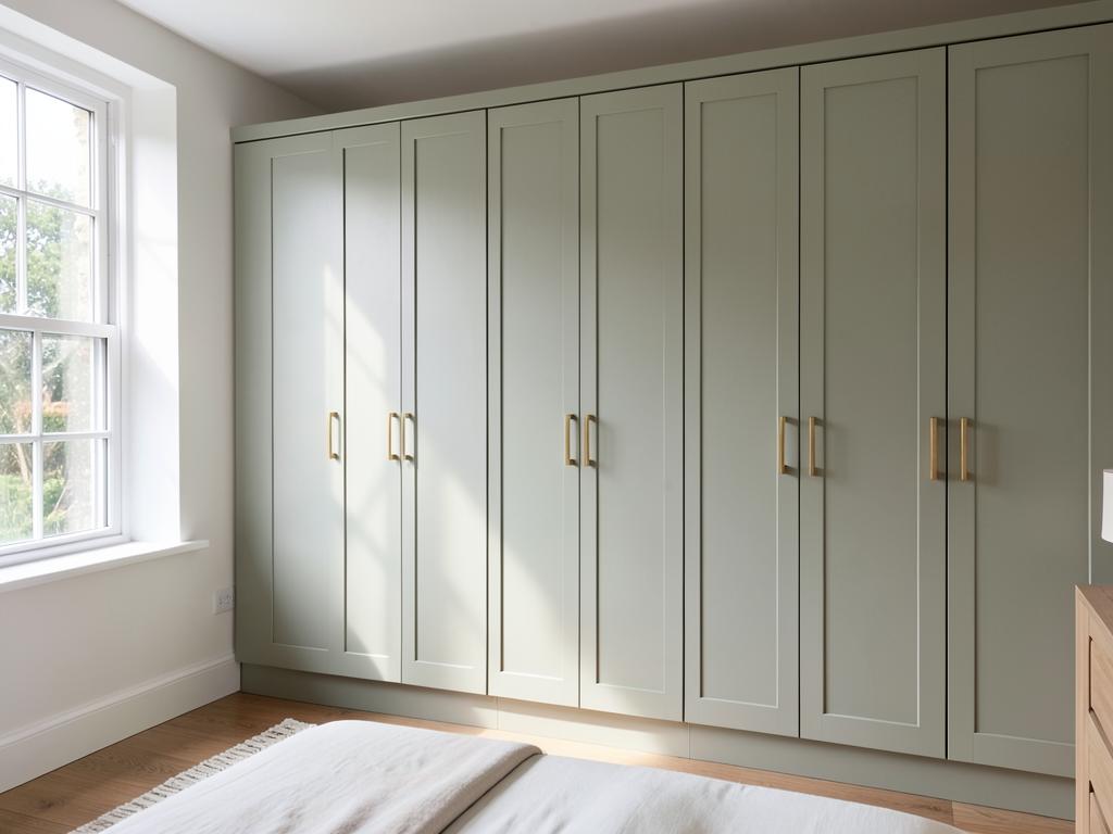 Sage green fitted wardrobes with brass handles in a bright UK bedroom