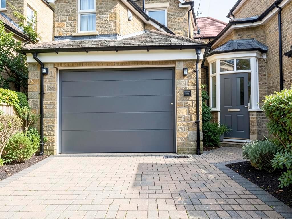 Modern anthracite grey sectional garage door installed on a UK detached house