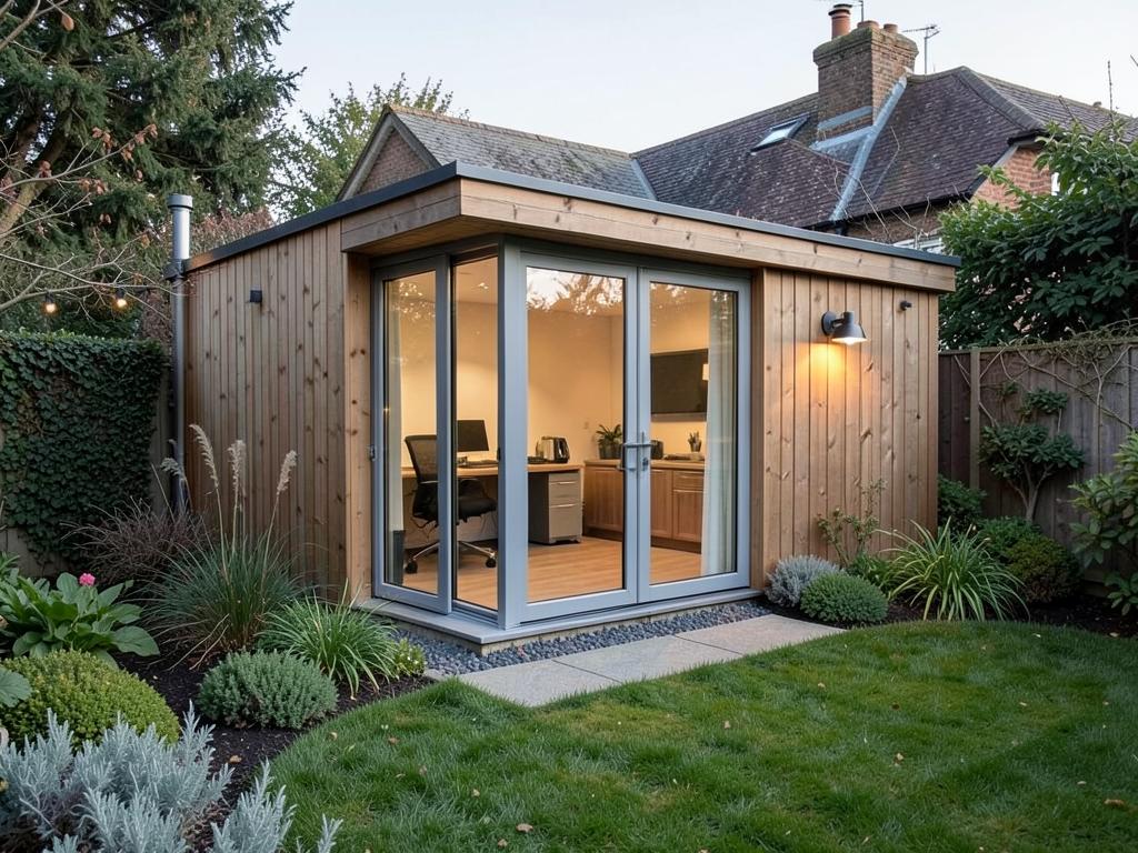 Contemporary cedar-clad garden room office with glazed doors at the end of a UK garden