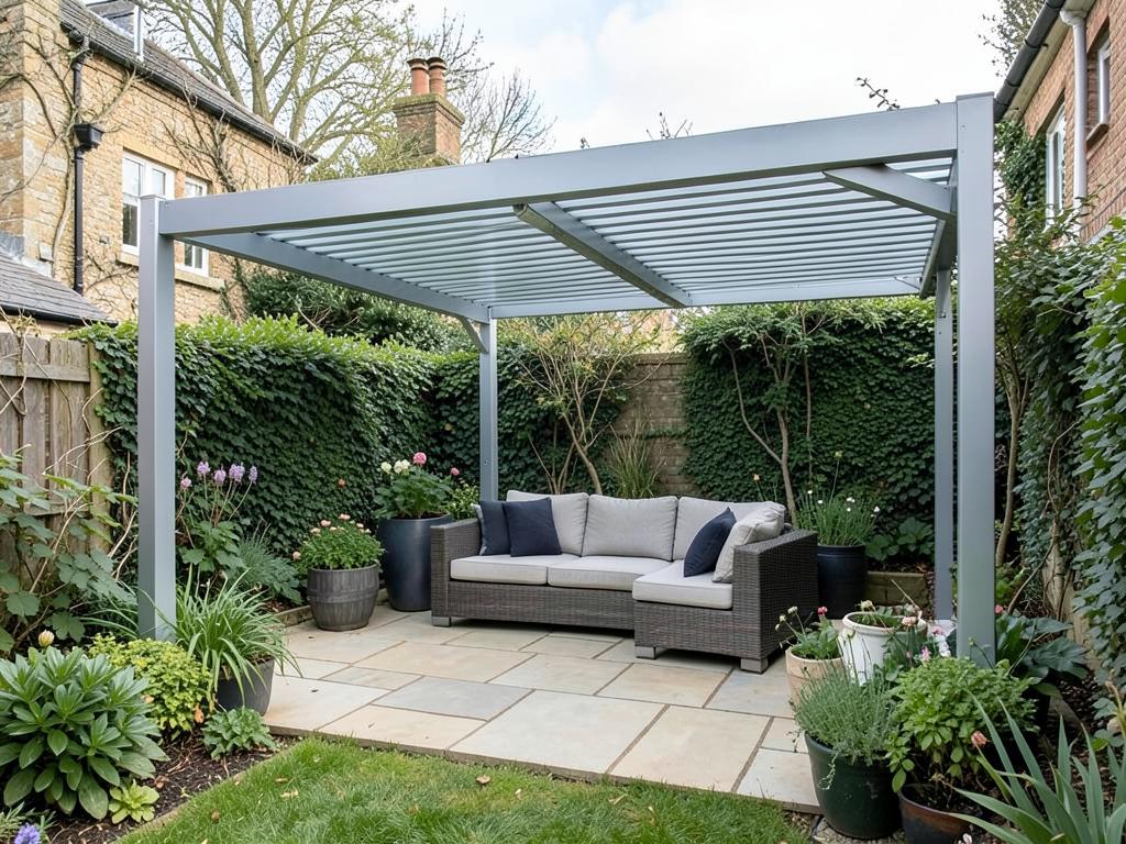 Grey aluminium louvred pergola over a paved patio with garden seating